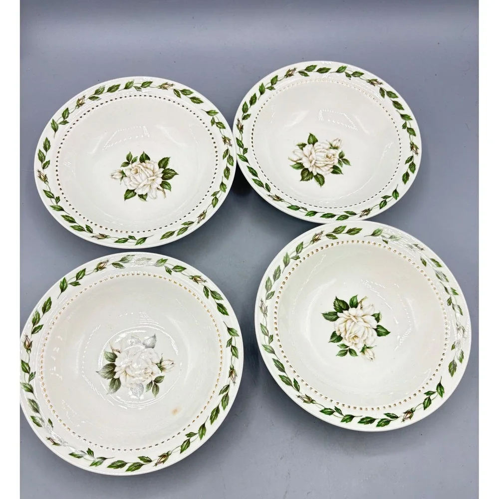 Vtg 4 Pc Superior Hall Cameo Rose Dessert Berry Bowls White Rose
